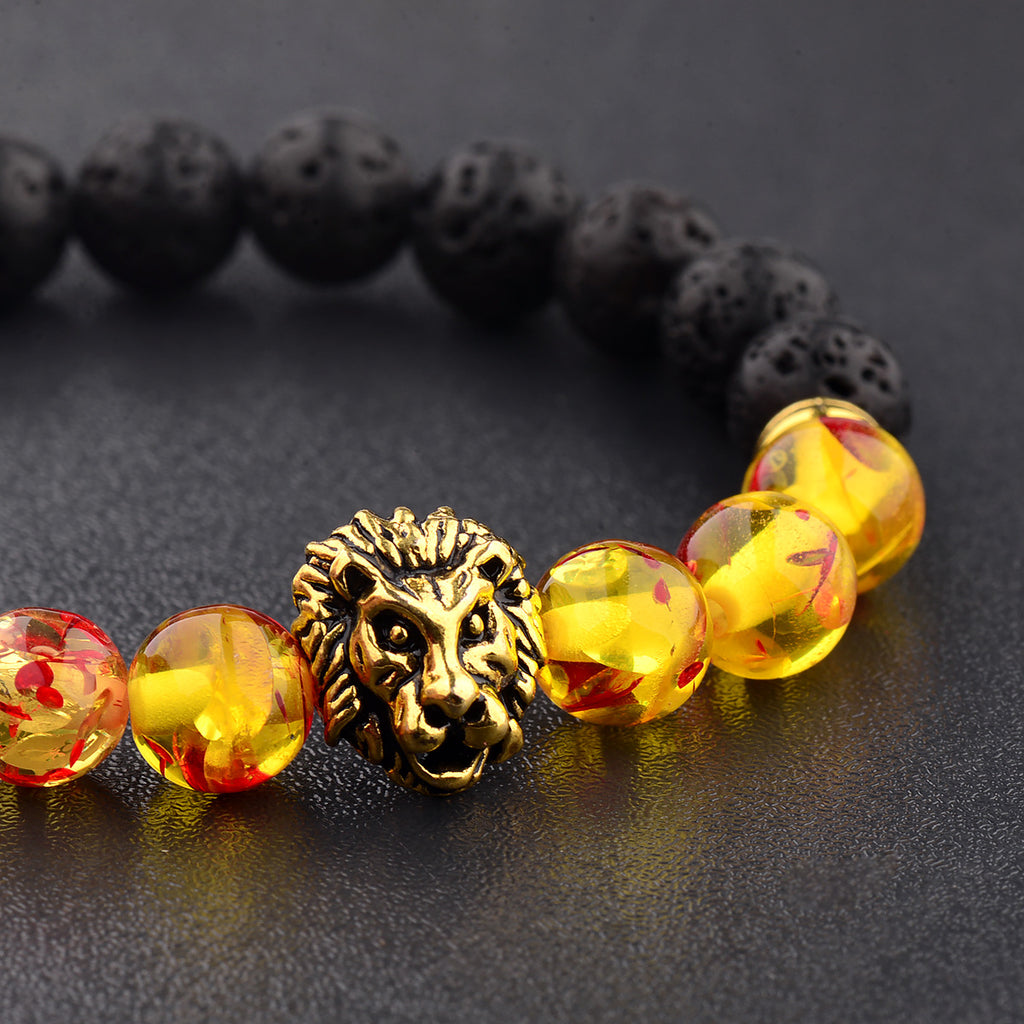 Black Lava Volcanic Stone Petal Beads Lion Head Accessories Men Domineering Bracelet