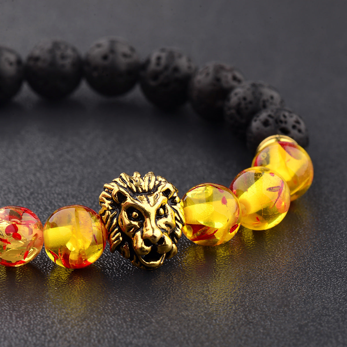 Black Lava Volcanic Stone Petal Beads Lion Head Accessories Men Domineering Bracelet