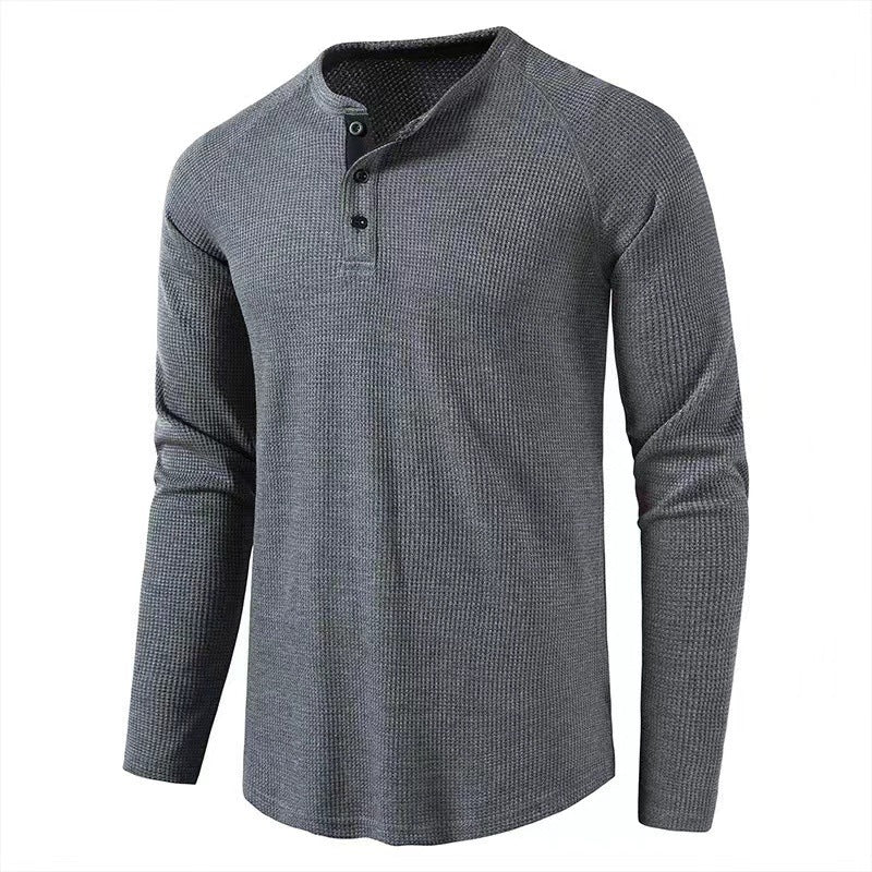 Classic Waffle Henley Tshirt Men New Crew Neck Long Sleeve Slim Fit Tee Shirt Homme Casual Heavy Weight T Shirts Male