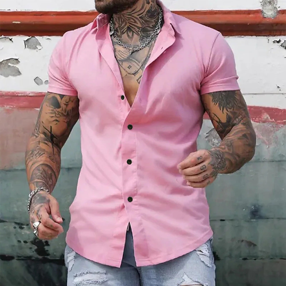 Solid Color Polo Collar Muscle Men Shaping Simple Shirt