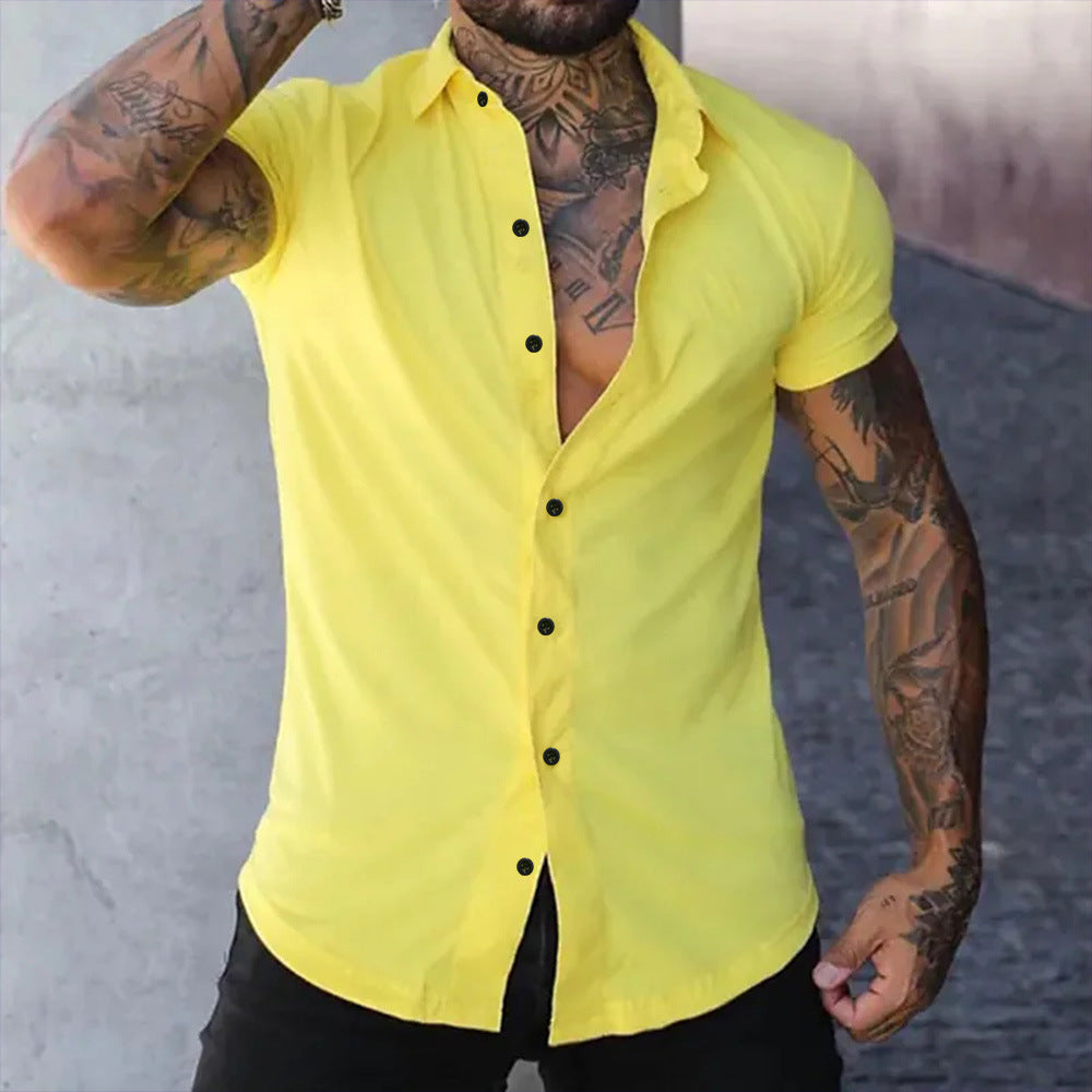 Solid Color Polo Collar Muscle Men Shaping Simple Shirt
