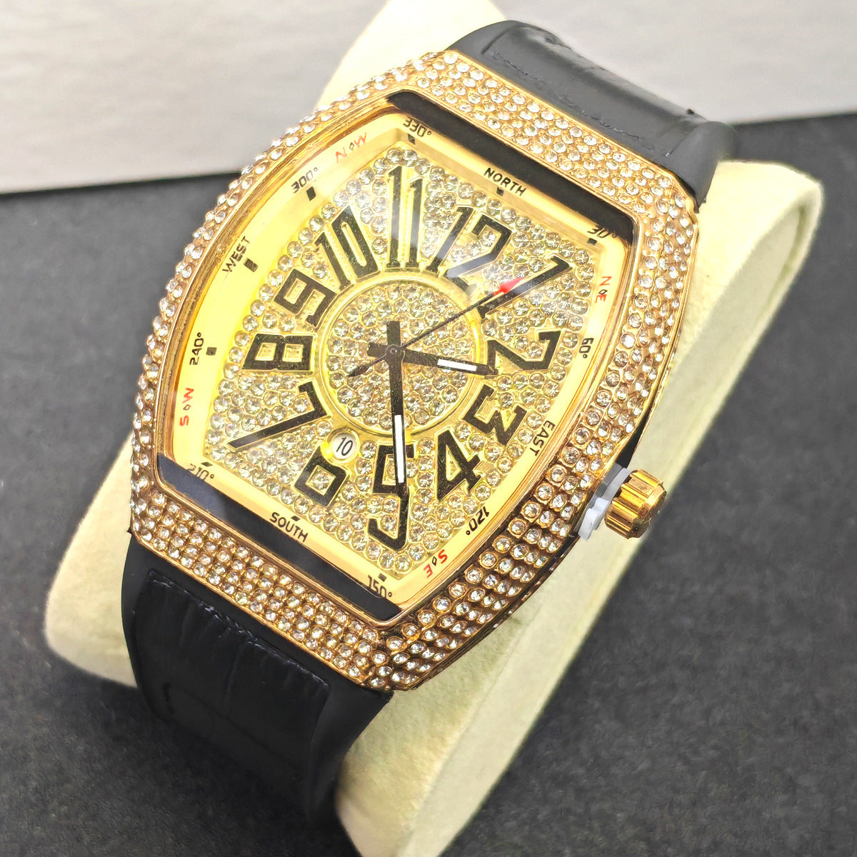 Barrel-shaped Minimalist Wristwatch Leather Strap Diamond Accents Quartz Watch