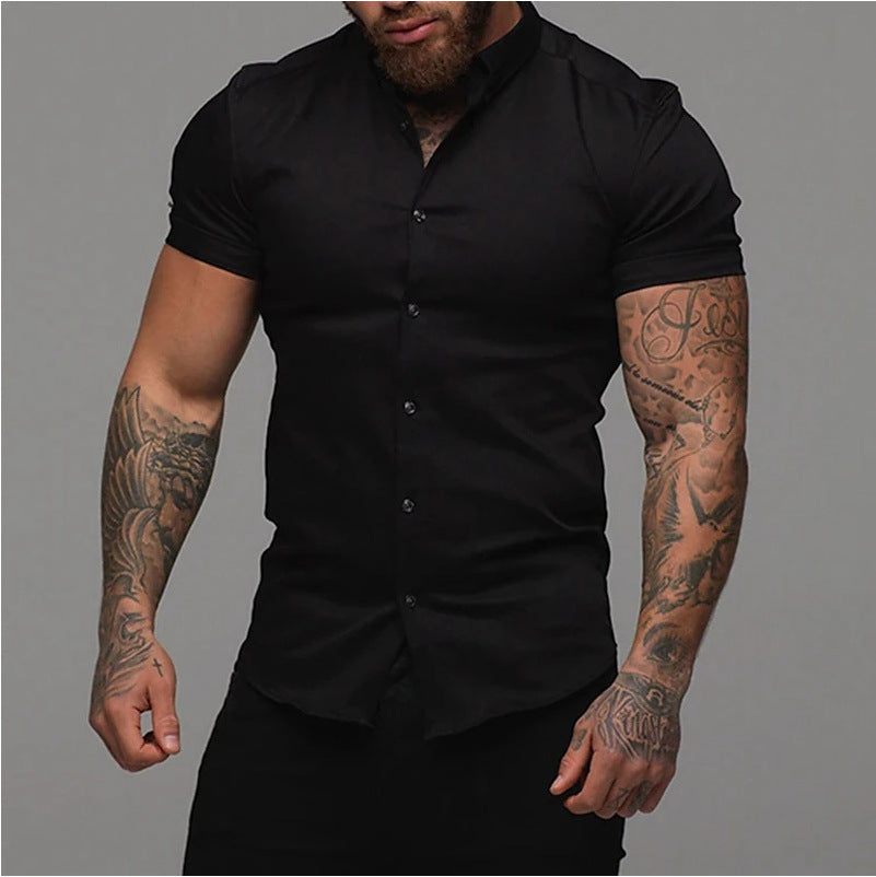 Solid Color Polo Collar Muscle Men Shaping Simple Shirt